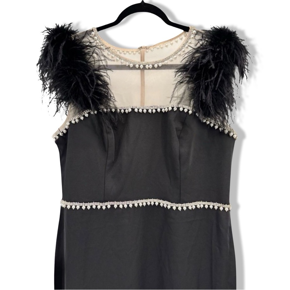 Mac Duggal Black Feather Cap Sleeve Pearl Embellished Midi Formal Dress | 2 - Picture 10 of 13